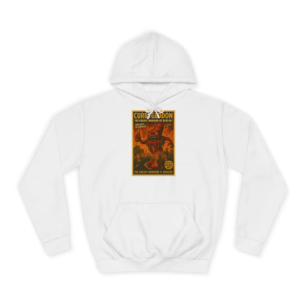 Berlin Hoodie „CurryGeddon“ – Retro-Horror-Plakat mit Currywurst-Monster – Arctic White – Vorderseite