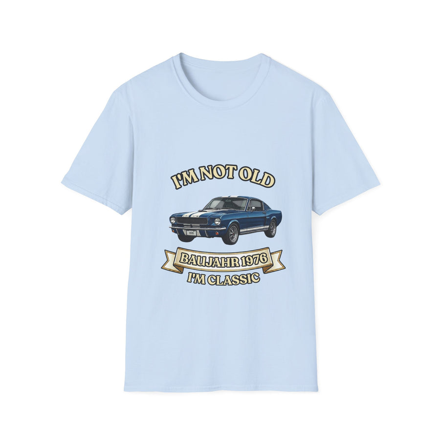 True Insights T-Shirt Baujahr 1976 Oldtimer Design in Hellblau, Geburtstagsgeschenk für Classic Car Fans