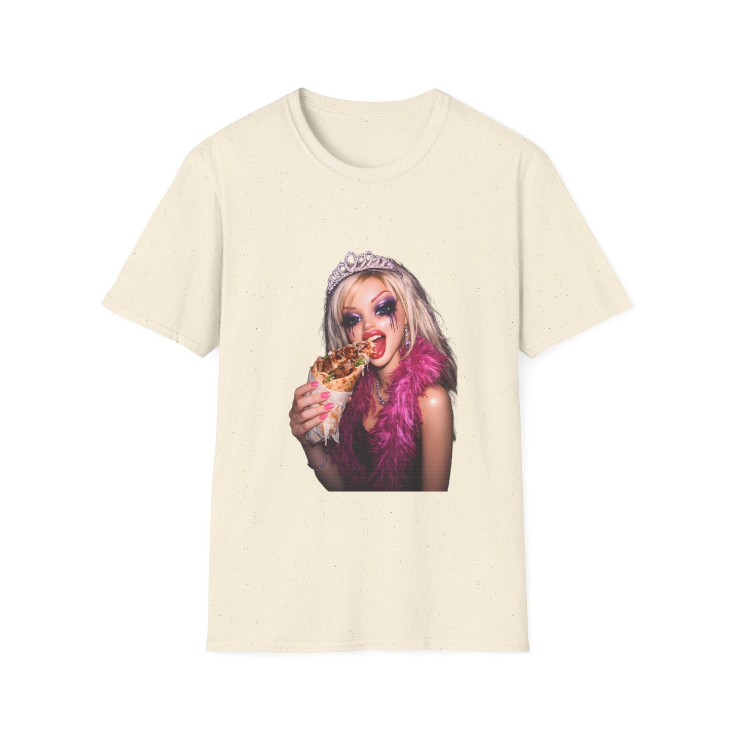 Lustiges Puppen-Meme T-Shirt im Barbie-Stil – Frau mit Tiara isst Döner, Retro-Glamour Humor Shirt von True Insights