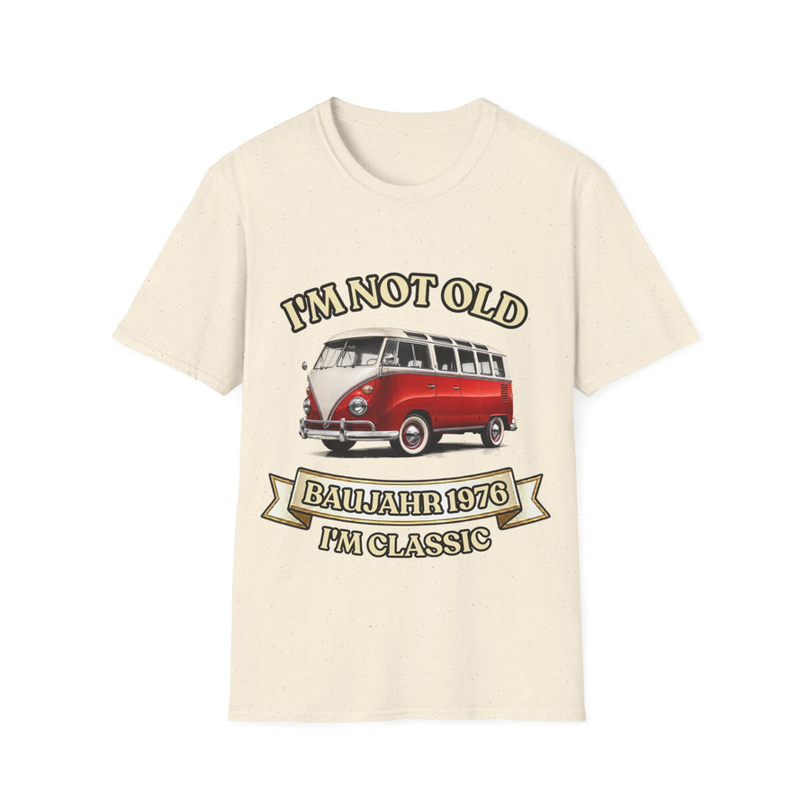 True Insights T-Shirt Baujahr 1976 Classic Bus Oldtimer Motiv in Natur, satirischer Retro Aufdruck