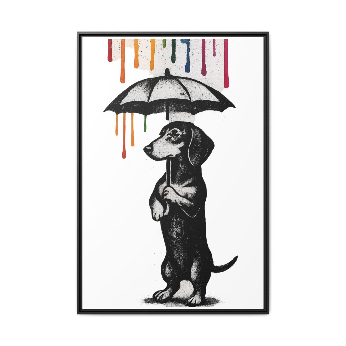 Dackel im Farbenregen – Street-Art Canvas mit Regenschirm & Farbtropfen