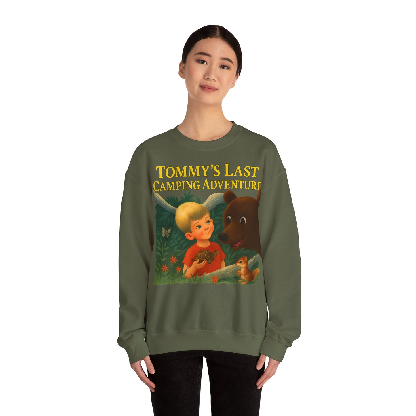 Sweatshirt – Tommy’s Last Camping Adventure Sweatshirt – Schwarzer Humor trifft Retro-Kinderbuchstil | True Insights Design mit Humor