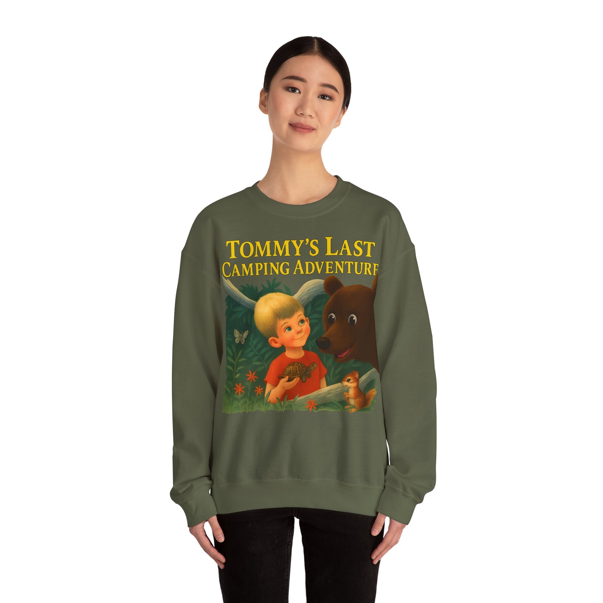 Sweatshirt – Tommy’s Last Camping Adventure Sweatshirt – Schwarzer Humor trifft Retro-Kinderbuchstil | True Insights Design mit Humor