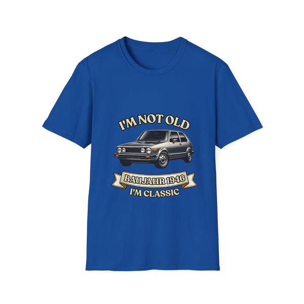 Geschenk zum 80. Geburtstag – T-Shirt Jahrgang 1946 VW Golf – Royal – Vorderseite