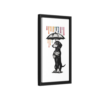 Dackel im Farbenregen – Street-Art Canvas mit Regenschirm & Farbtropfen