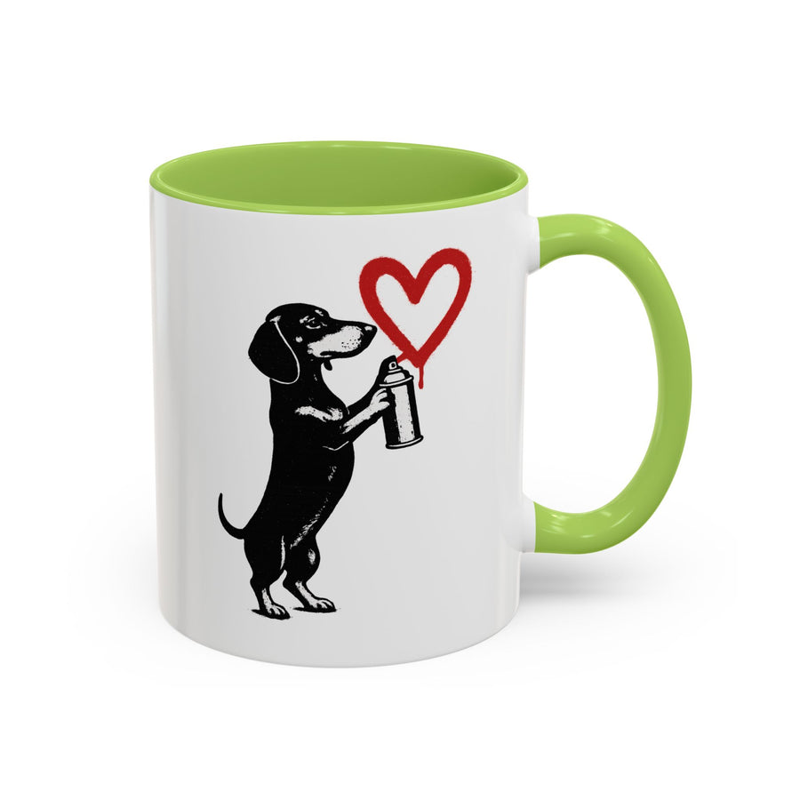 True Insights Banksy Dackel Tasse – Street-Art Kaffeebecher mit rotem Herz in Light Green