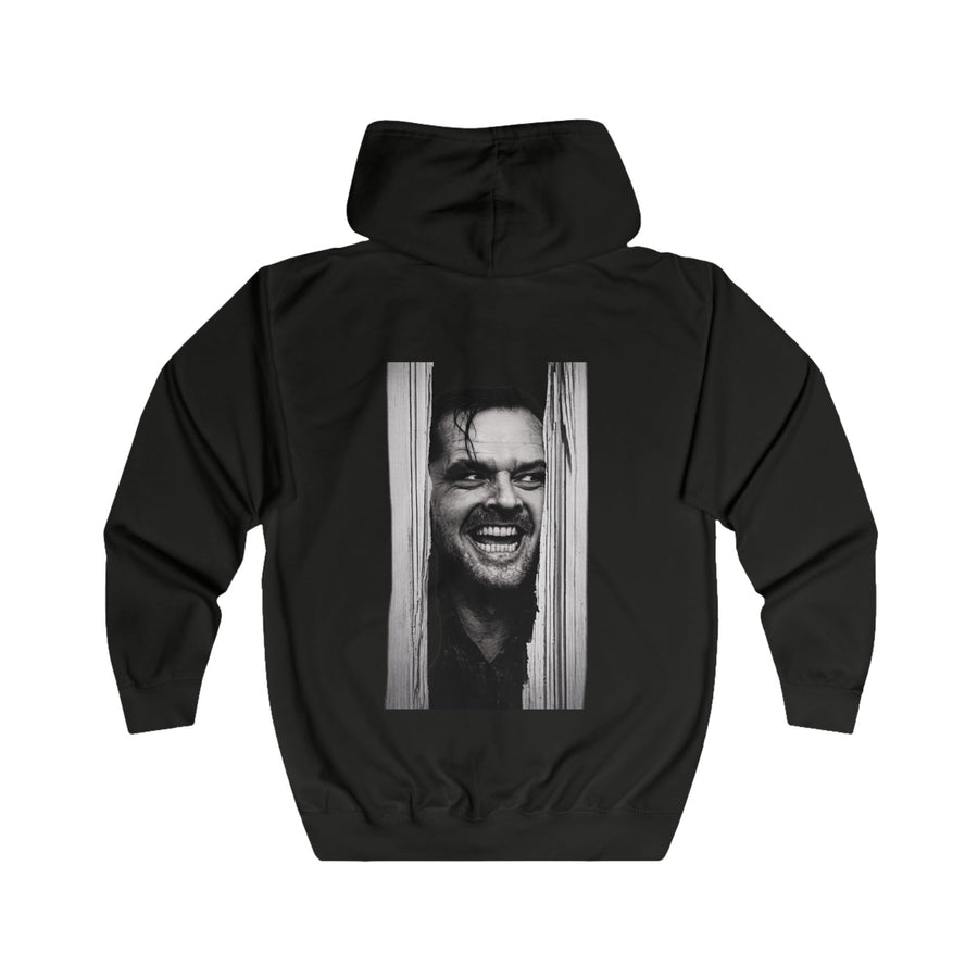 Schwarzer Kapuzenpullover mit schwarz-weißem Filmstill eines grinsenden Mannes zwischen Türrahmen.