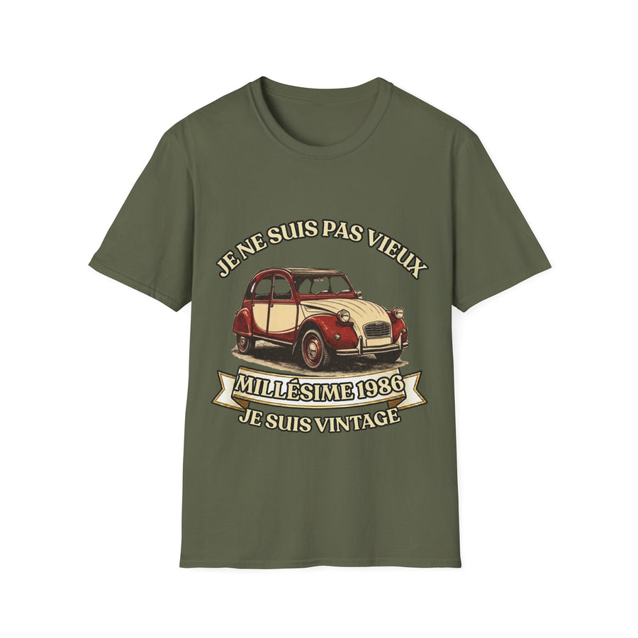 T-shirt Millésime 1986 « Je ne suis pas vieux, je suis vintage » – Cadeau anniversaire 40 ans homme – Deux-chevaux rouge et crème, voiture ancienne rétro