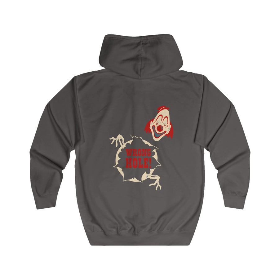 True Insights Wrong Hole! Zip-Hoodie – Provokantes Clown-Motiv mit schwarzem Humor