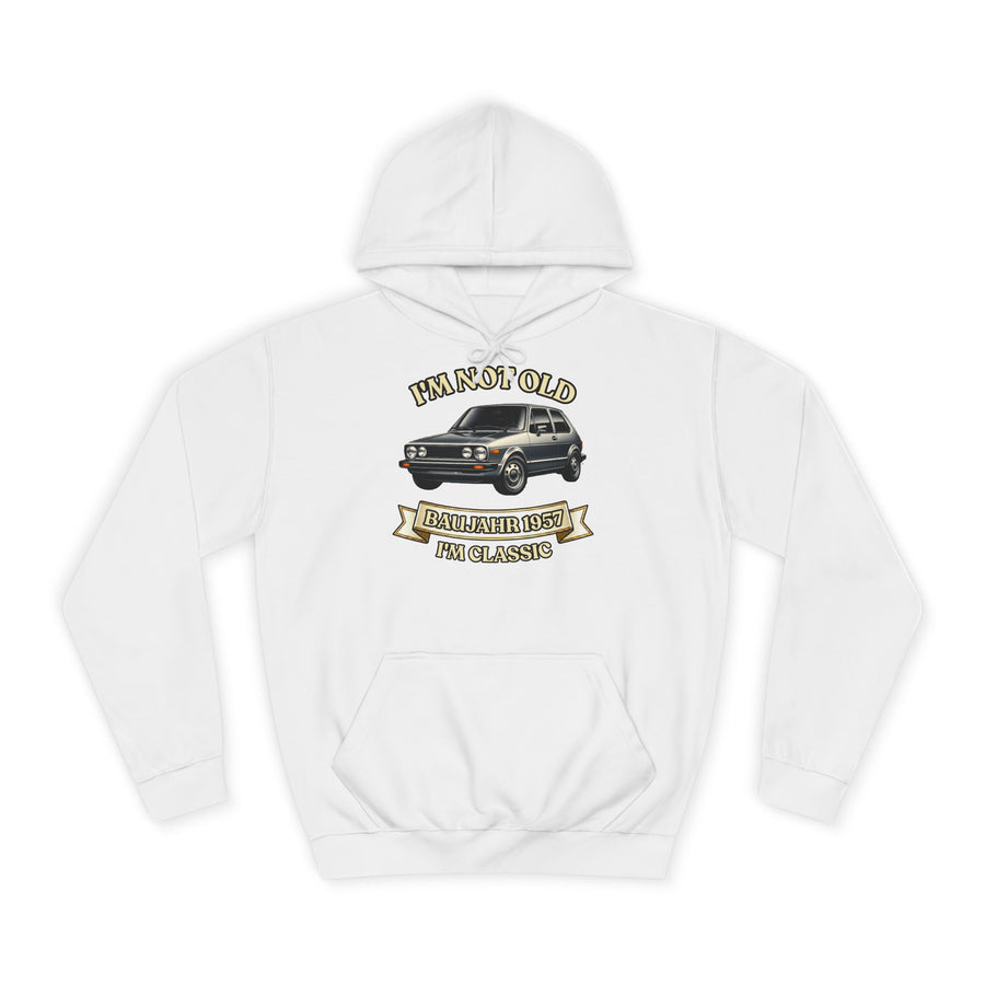 Geschenk zum 70. Geburtstag – Hoodie Jahrgang 1957 VW Golf – Arctic White – Vorderseite