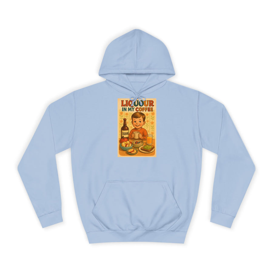 Kaffee Hoodie „Liquor in My Coffee“ – Retro-Humor für Kaffeetrinker – Sky Blue – Vorderseite