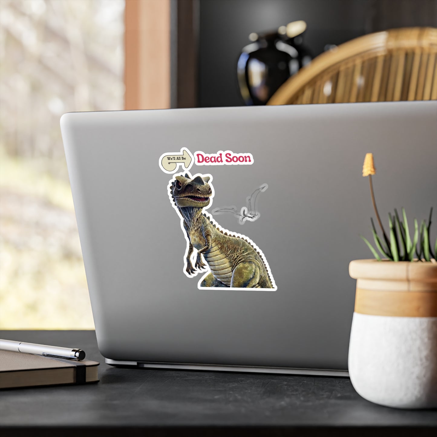 Dinosaurier Sticker "We'll All Be Dead Soon" – Lustiger Nihilismus Aufkleber mit Dino & Flugsaurier, Vintage Retro Humor Geschenk