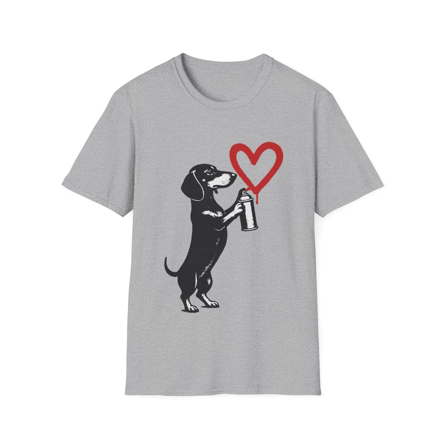 Dackel mit Sprühdose Herz T-Shirt Unisex – Street Art Graffiti Hund Motiv, perfektes Geschenk für Dackelliebhaber & Valentinstag