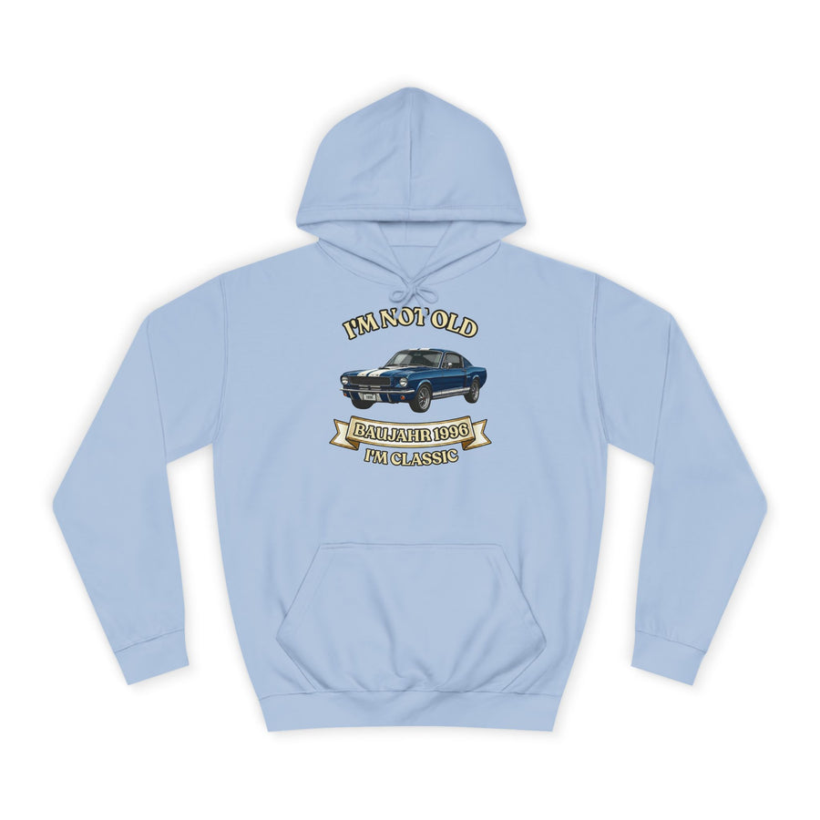 Geschenk zum 30. Geburtstag – Hoodie Jahrgang 1996 Muscle Car – Sky Blue – Vorderseite