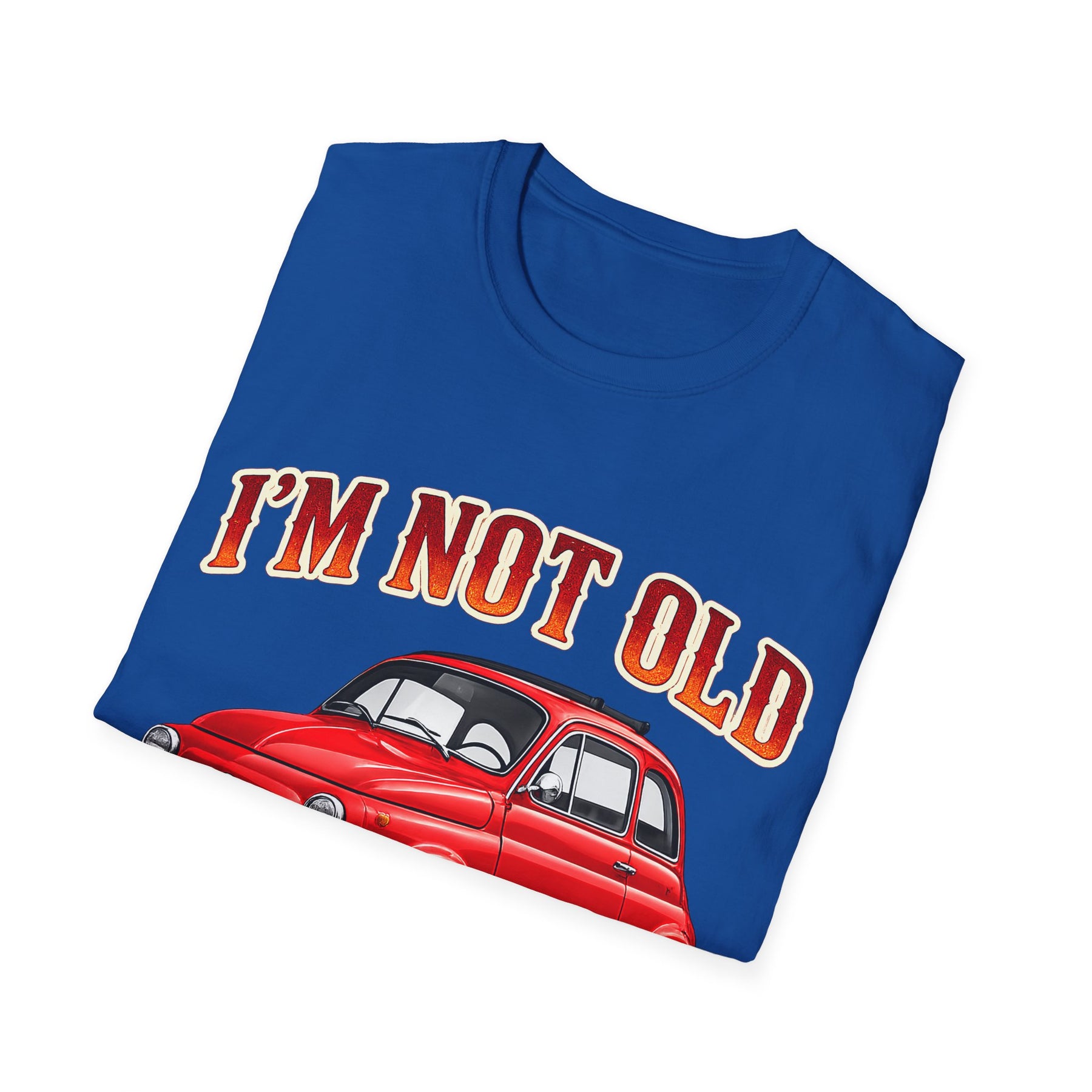 True Insights Retro T-Shirt Oldtimer Kleinwagen, Nahaufnahme Stoff und roter Vintage Druck