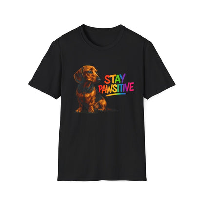 Schwarzes T-Shirt mit braunem Dackel und Schriftzug Stay-Pawsitive in Regenbogenfarben im Pop-Art-Stil fuer Hundeliebhaber.