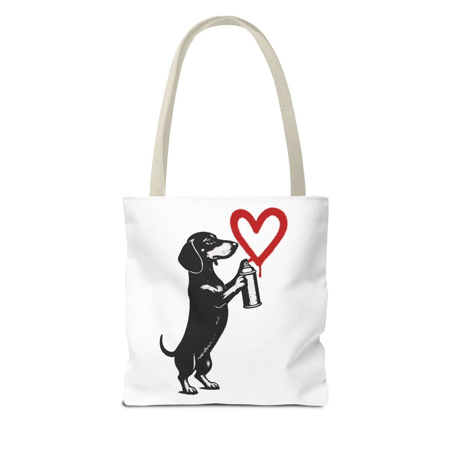 Banksy inspirierter Dackel Tote Bag Polyester – Street-Art Herz Sprühdose Beutel für Sport, Uni & Einkauf