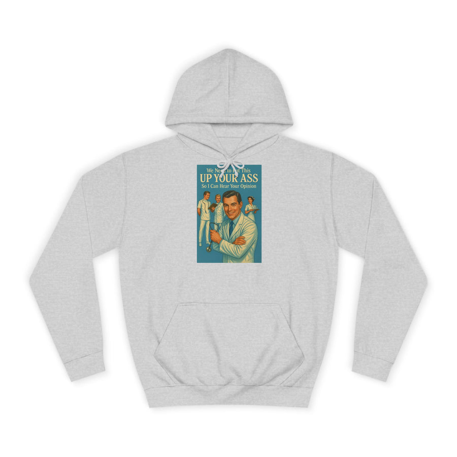 True Insights We Need to Put This Up Your Ass Hoodie – Retro-Arzt-Motiv mit schwarzem Humor in Heather Grey