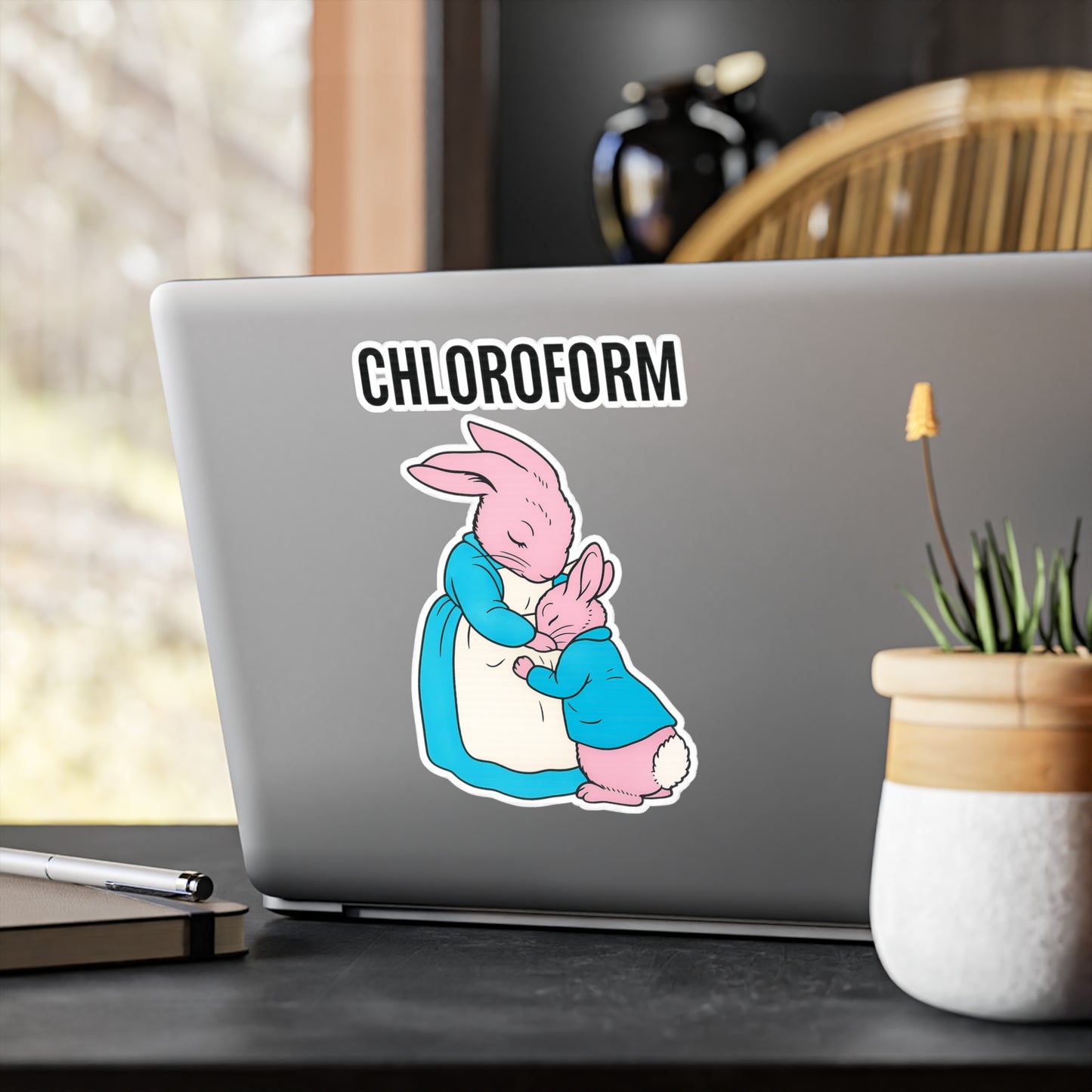 Chloroform Hase Sticker - Lustiger Bunny Anti-Meme Aufkleber - Ironischer Dunkler Humor Sticker für Laptop & Flaschen