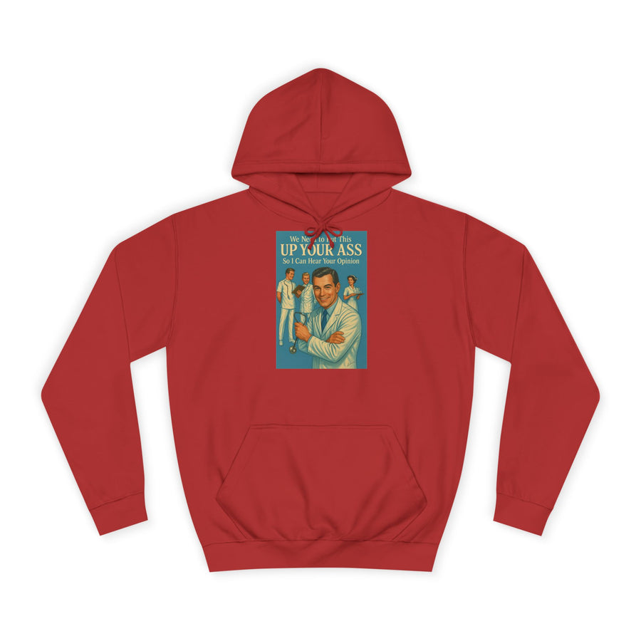 True Insights We Need to Put This Up Your Ass Hoodie – Retro-Arzt-Motiv mit schwarzem Humor in Fire Red