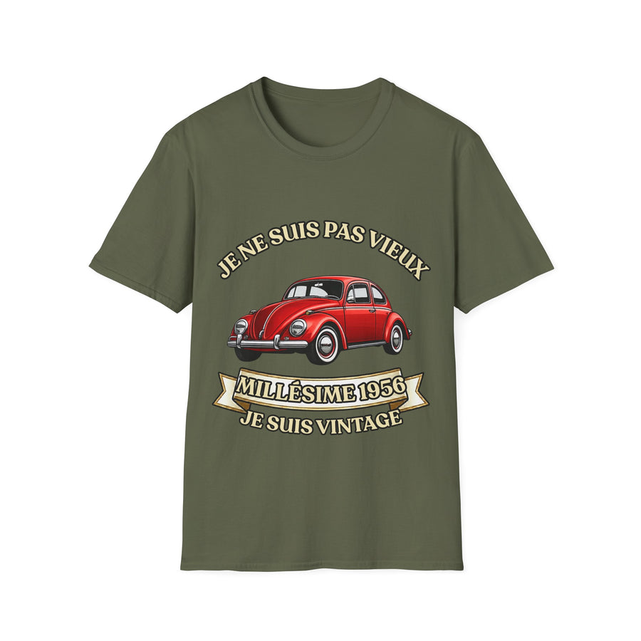T-shirt Millésime 1956 « Je ne suis pas vieux, je suis vintage » – Cadeau anniversaire 70 ans homme – Coccinelle rouge, voiture ancienne rétro