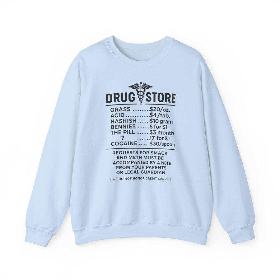 Vintage Pullover „Drug Store“ – Sweatshirt, die Preisliste der etwas anderen Apotheke – Light Blue – Vorderseite