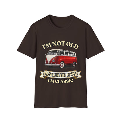 True Insights T-Shirt Baujahr 1976 Classic Bus Oldtimer Motiv in Dunkelbraun, Jahrgang Spruch Design