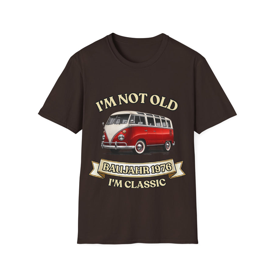 True Insights T-Shirt Baujahr 1976 Classic Bus Oldtimer Motiv in Dunkelbraun, Jahrgang Spruch Design