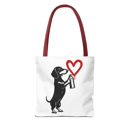 Banksy inspirierter Dackel Tote Bag Polyester – Street-Art Herz Sprühdose Beutel für Sport, Uni & Einkauf