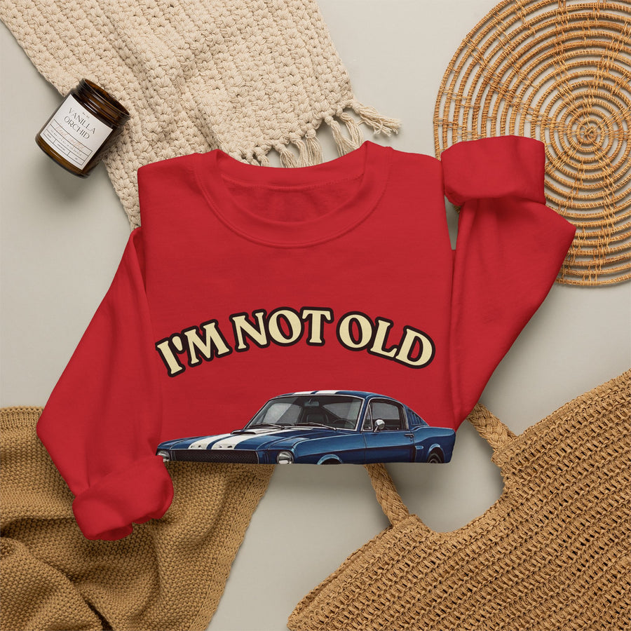 True Insights Sweatshirt Jahrgang 1966 blauer Sportwagen, Detailansicht des Vintage-Motivs