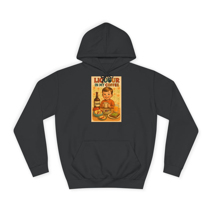 Kaffee Hoodie „Liquor in My Coffee“ – Retro-Humor für Kaffeetrinker – Jet Black – Vorderseite