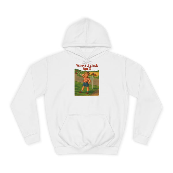 Vintage Hoodie „Where the F*ck Am I?“ – Retro-Bilderbuch mit Ansage – Arctic White – Vorderseite