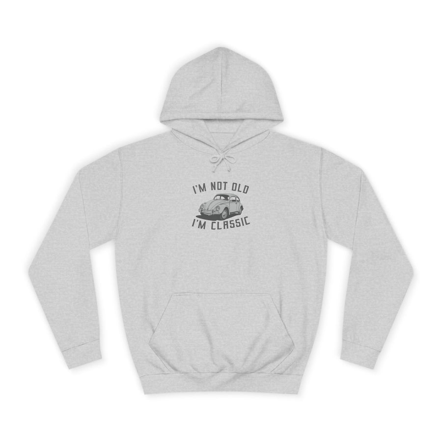 Hoodie mit Vintage-VW-Käfer-Motiv – „I'm Not Old I'm Classic“ – Heather Grey – Vorderseite