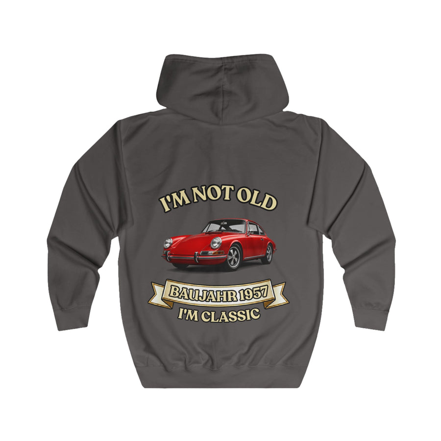 True Insights Geschenk zum 70. Geburtstag – Sweatjacke Jahrgang 1957 mit Porsche-Motiv | Zip-Hoodie mit Rückendruck