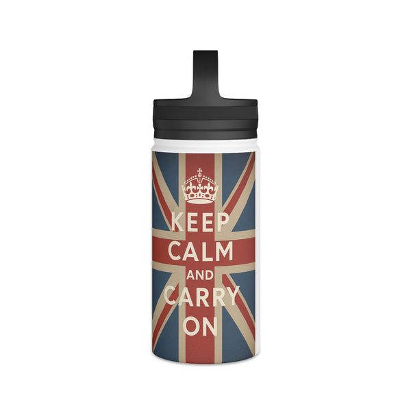 Gourde Inox Keep Calm and Carry On – Design Vintage Union Jack, Isotherme avec Couvercle à Poignée, Cadeau Britannique
