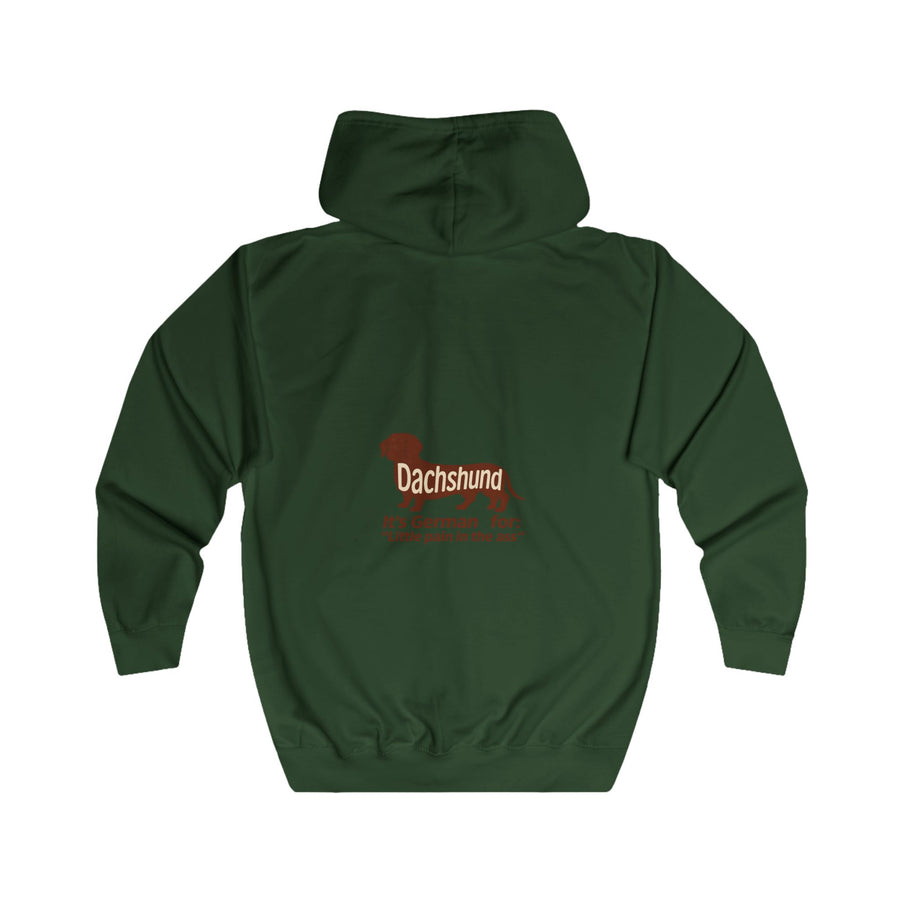 Dackel Sweatjacke „Dachshund – Little Pain in the Ass“ – Zip-Hoodie mit Rückendruck – Bottle Green – Rückenansicht