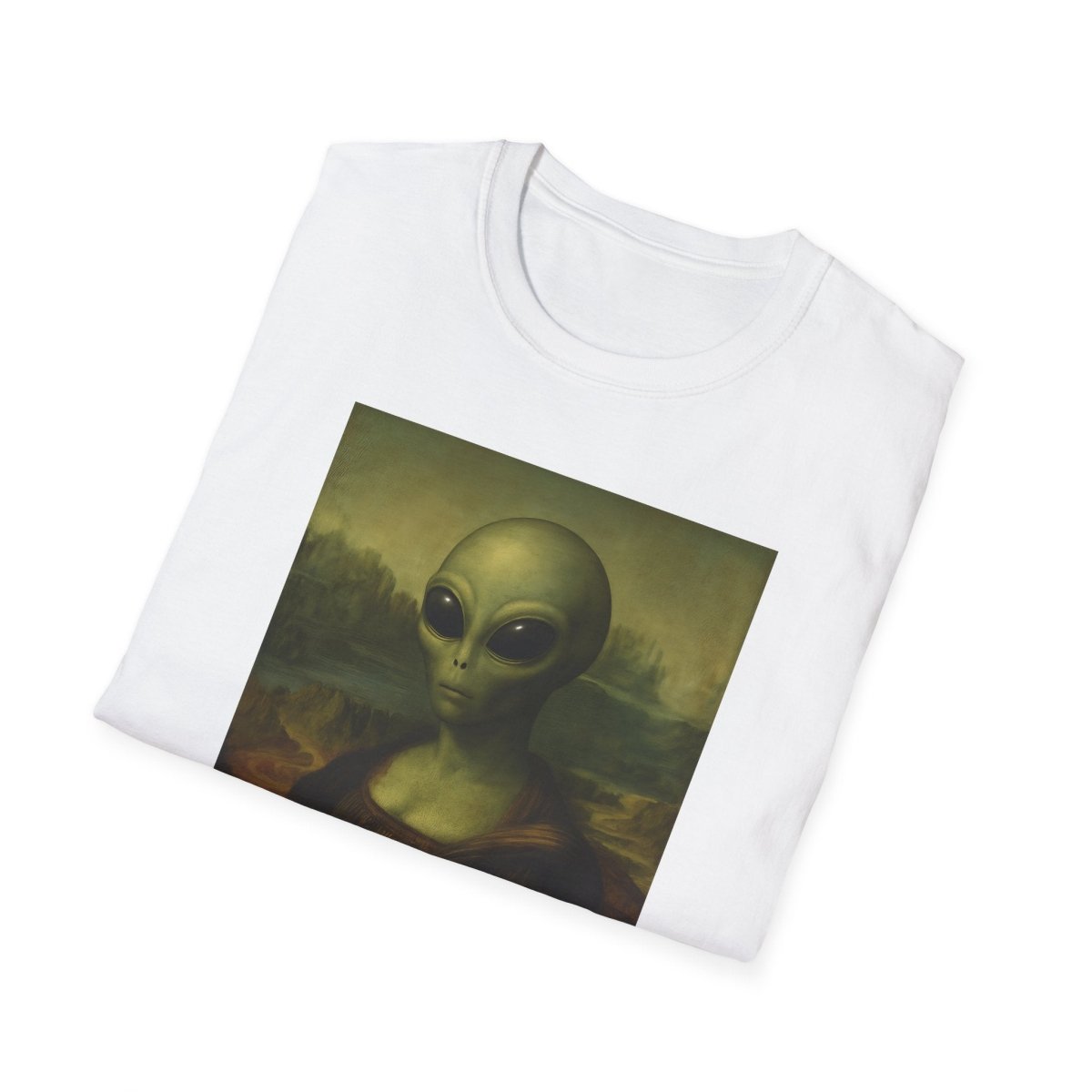 Weißes T-Shirt mit Mona-Lisa-Alien-Parodie im Renaissance-Pop-Art-Stil für Museum-und-Sci-Fi-Fans.