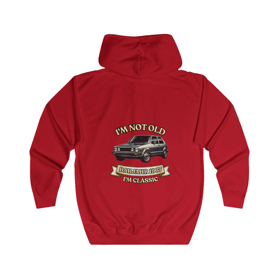 Geschenk zum 60. Geburtstag – Sweatjacke Jahrgang 1967 VW Golf – Fire Red – Rückenansicht