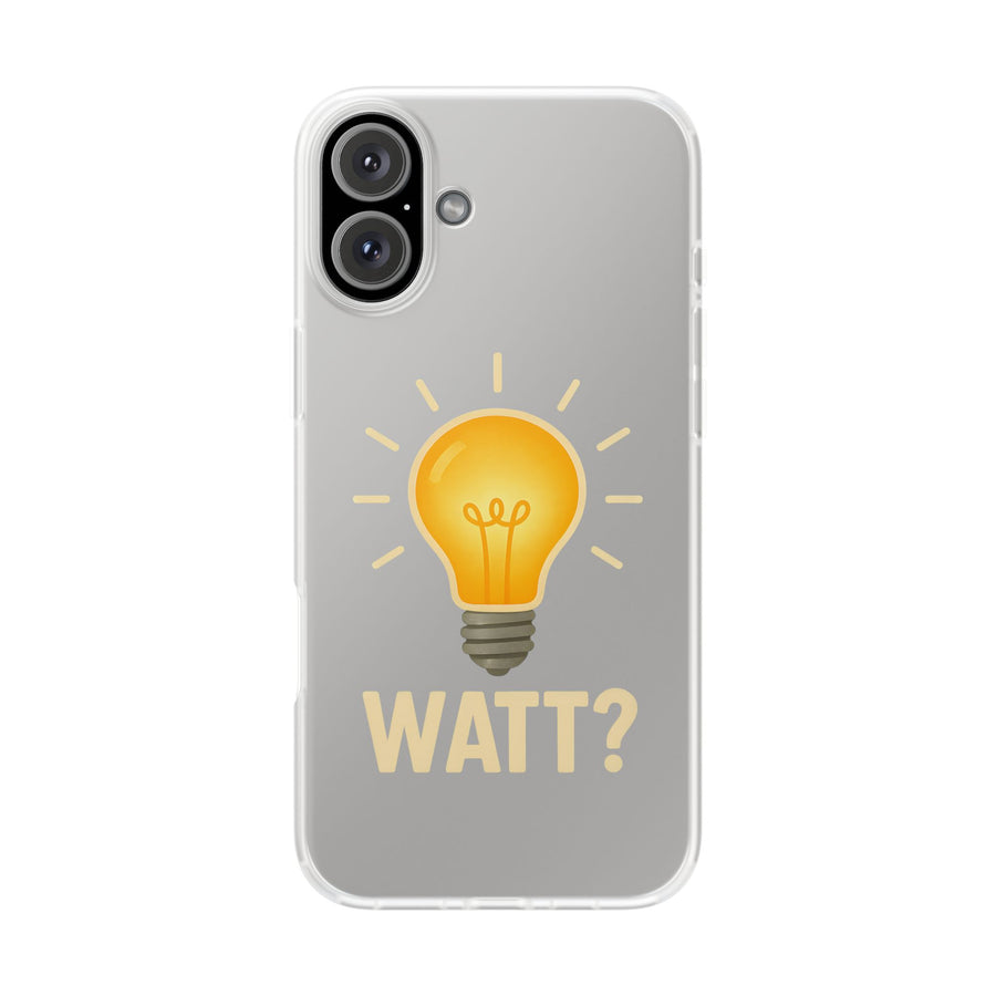 WATT? Handyhülle für iPhone 16 Plus – transparente Schutzhülle mit leuchtendem Glühbirnen-Motiv, Geschenk für Elektriker und Technikfans