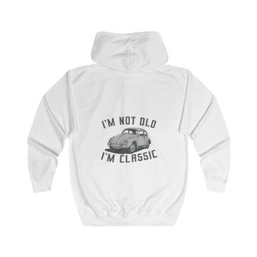 Sweatjacke mit Vintage-VW-Käfer-Motiv – Zip-Hoodie mit Rückendruck „I'm Not Old I'm Classic“ – Arctic White – Rückenansicht