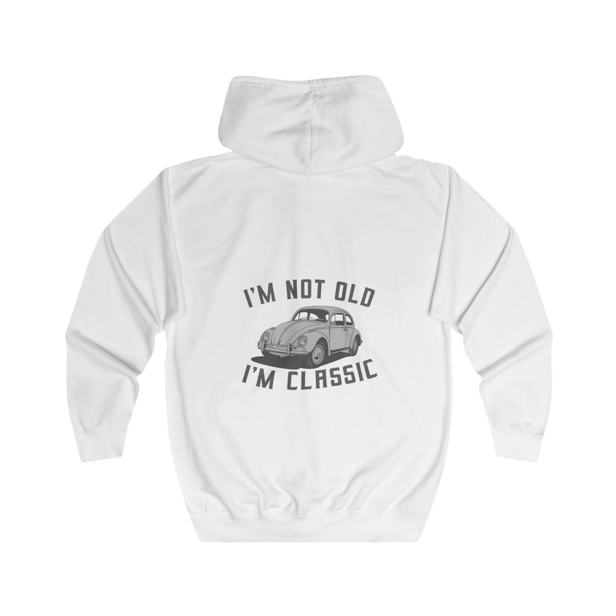 Sweatjacke mit Vintage-VW-Käfer-Motiv – Zip-Hoodie mit Rückendruck „I'm Not Old I'm Classic“ – Arctic White – Rückenansicht