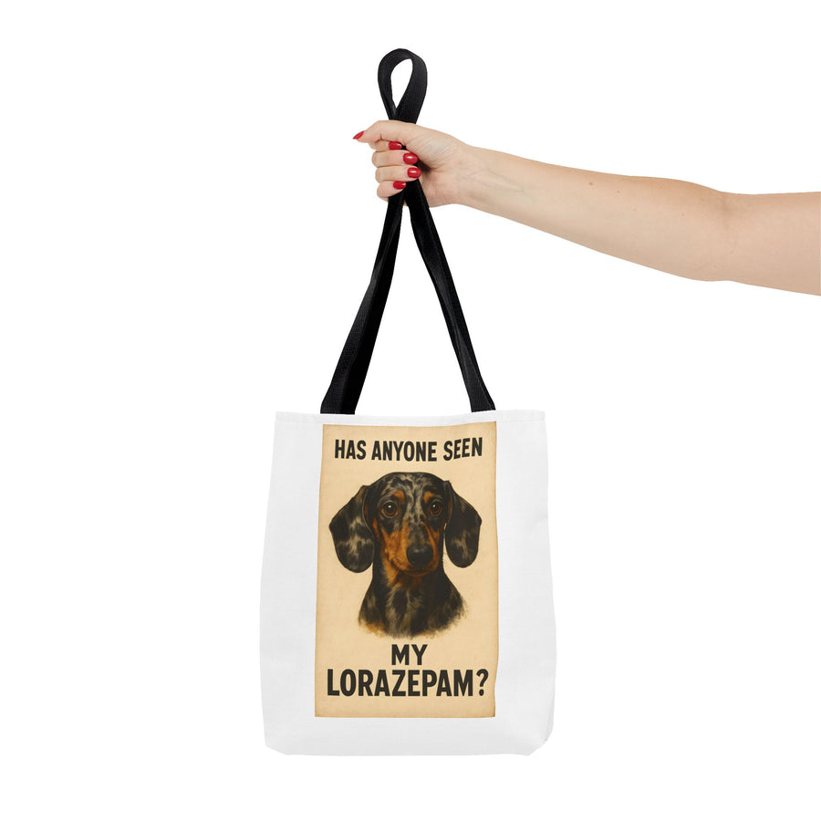 Lustige Dackel Tote Bag "Has Anyone Seen My Lorazepam?" – Vintage Hunde Stoffbeutel für Hundeliebhaber & Dackelfans