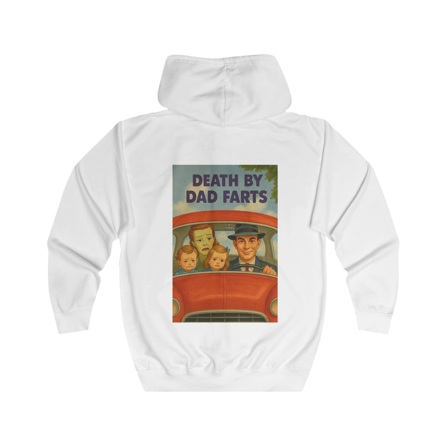 Papa Sweatjacke „Death by Dad Farts“ – Zip-Hoodie mit Rückendruck – Arctic White – Rückenansicht