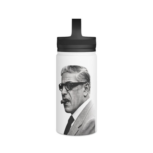Aristoteles Onassis Portrait Edelstahl-Trinkflasche – Isolierte Wasserflasche mit Griff-Deckel, Vintage Schwarz-Weiß Ikone Geschenk