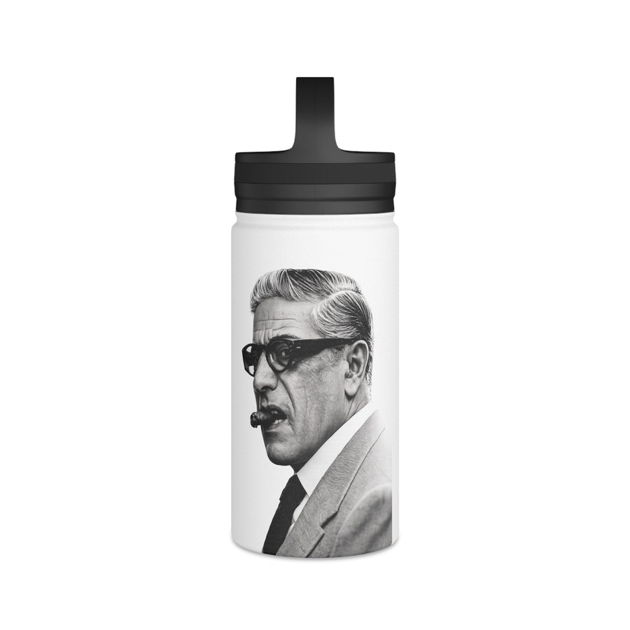 Naturfarben Trinkflasche mit Schwarz-Weiß-Porträt eines Mannes mit Sonnenbrille und Schnurrbart.