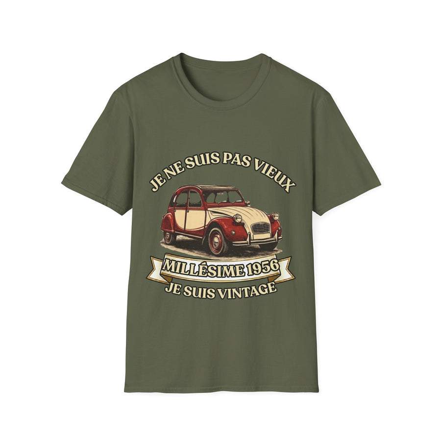 T-shirt Millésime 1956 « Je ne suis pas vieux, je suis vintage » – Cadeau anniversaire 70 ans homme – Deux-chevaux rouge et crème, voiture ancienne rétro