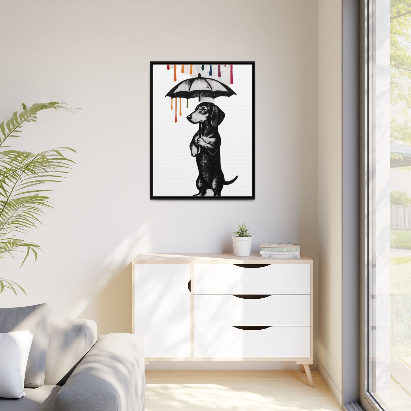 Dackel im Farbenregen – Street-Art Canvas mit Regenschirm & Farbtropfen