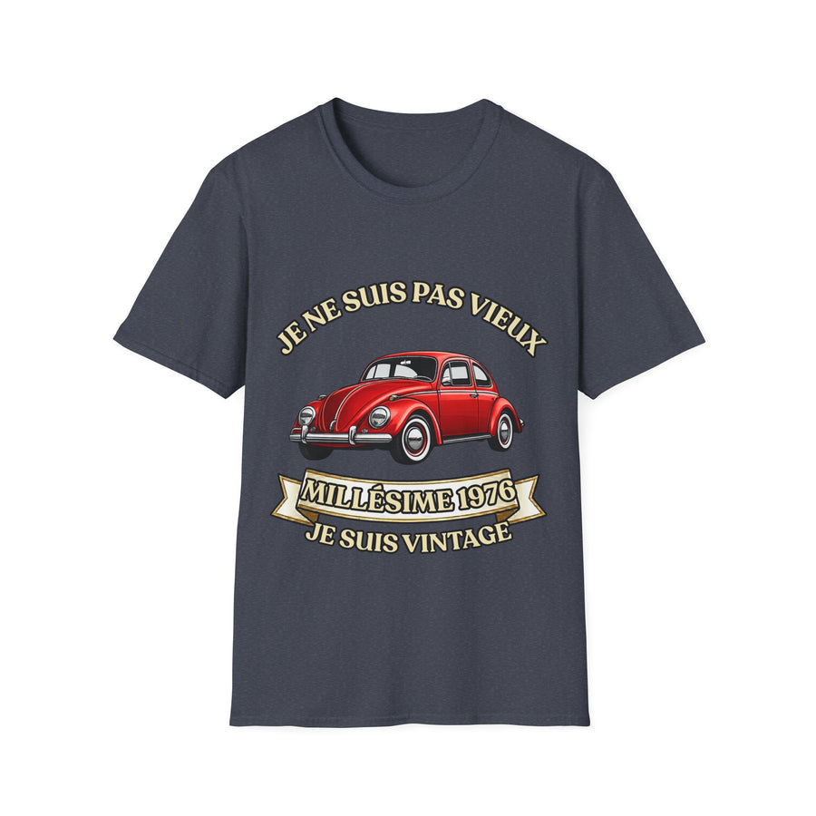 T-shirt Millésime 1976 « Je ne suis pas vieux, je suis vintage » – Cadeau anniversaire 50 ans homme – Coccinelle rouge, voiture ancienne rétro