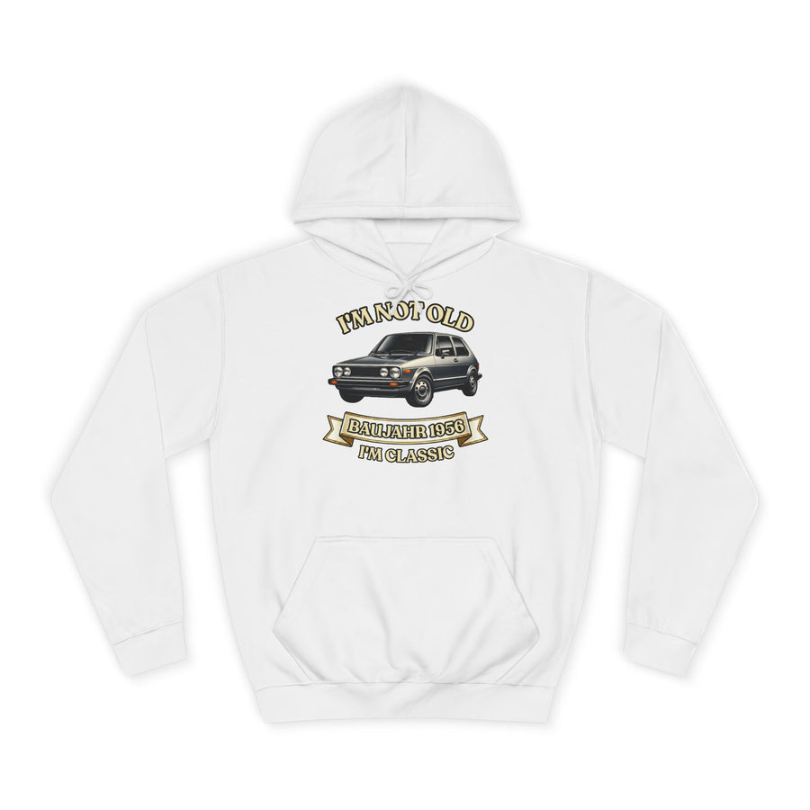 Geschenk zum 70. Geburtstag – Hoodie Jahrgang 1956 VW Golf – Arctic White – Vorderseite