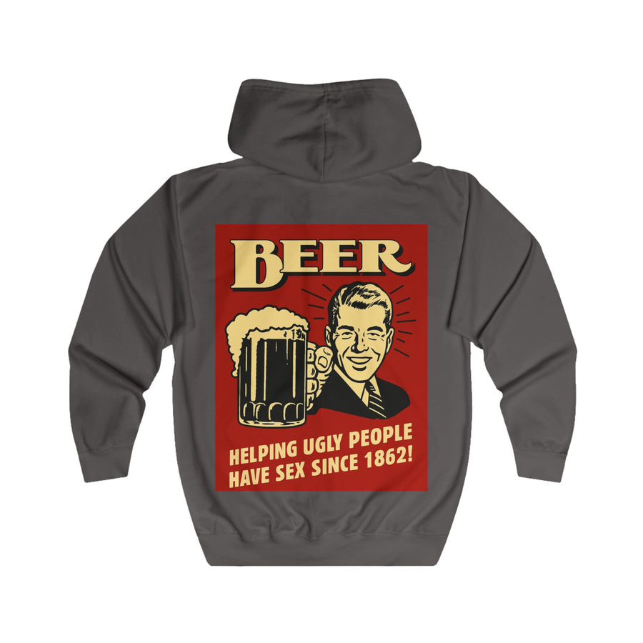 Zip Hoodie Bière – Helping Ugly People Have Sex Since 1862 – Sweat drôle rétro vintage